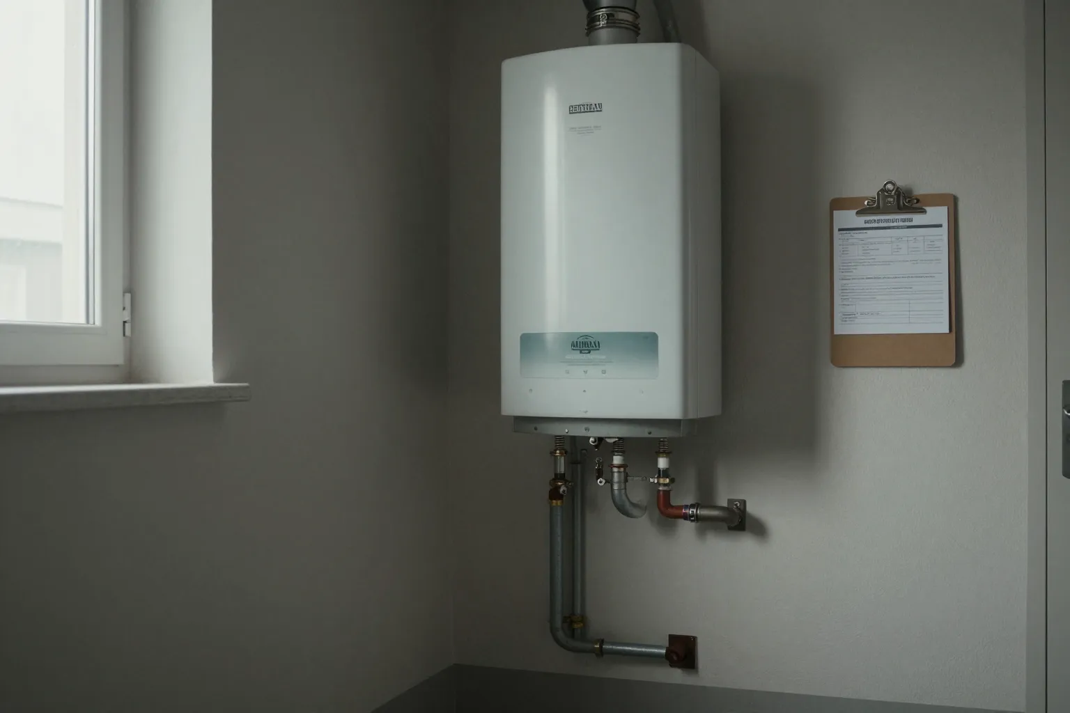 Technikraum eines Wohngebäudes mit Warmwasserbereiter und Prüfprotokoll an der Wand